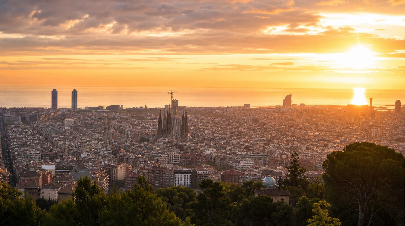 Vista panorámica de Barcelona con la Sagrada Familia y el mar Mediterráneo al fondo