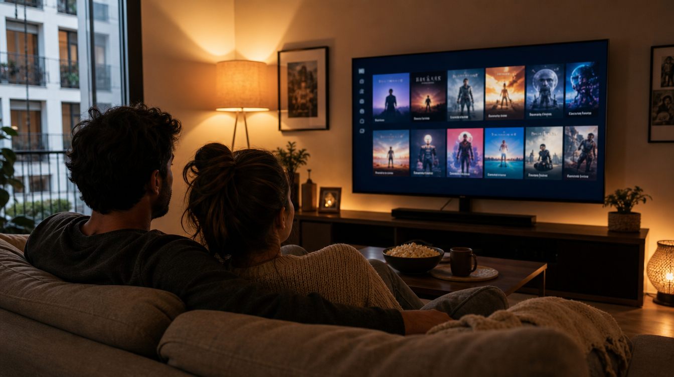 Pareja eligiendo una película en el videoclub bajo demanda desde el sofá de casa