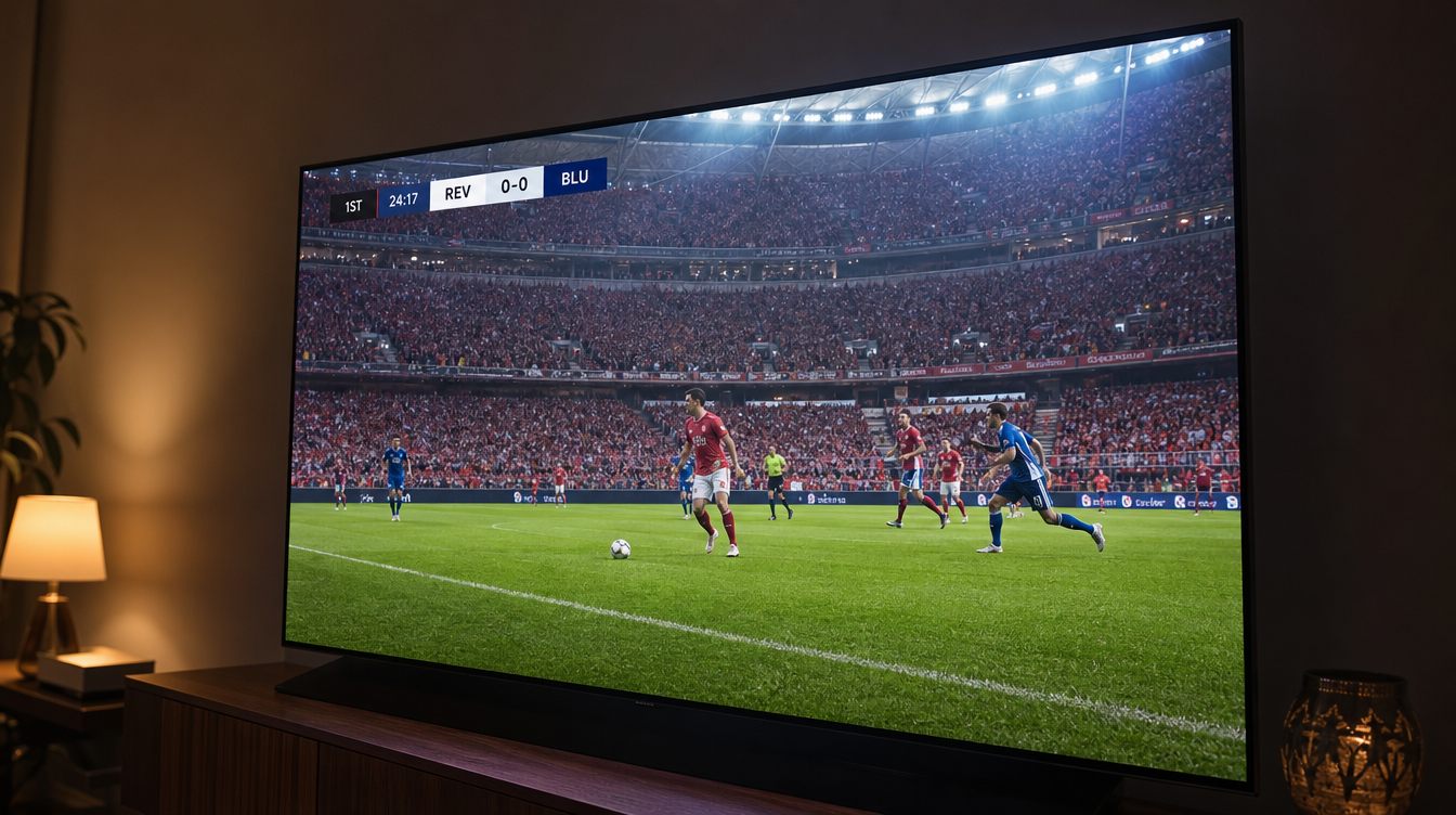 Televisor mostrando un partido de fútbol en directo con estadio lleno mediante IPTV