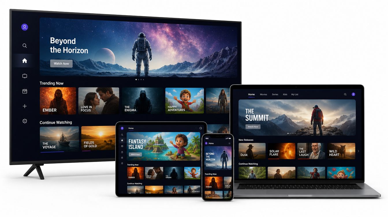 Televisor, portátil, tablet y móvil mostrando la interfaz de streaming durante la prueba gratuita