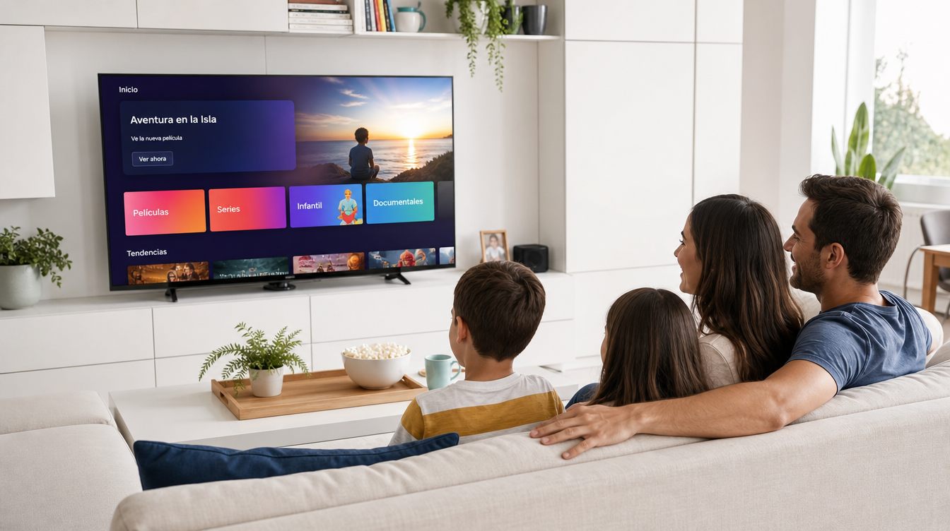 Familia española viendo la televisión junta en el salón de casa