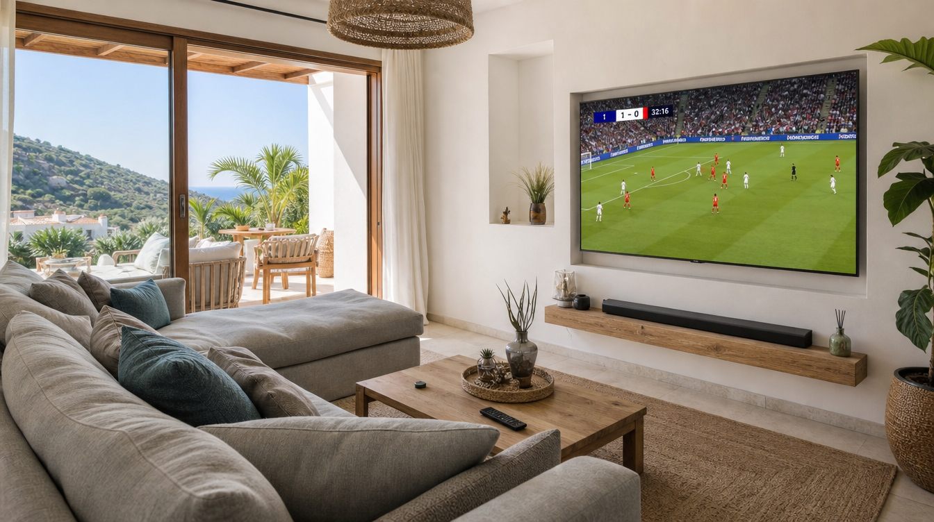 Salón moderno en España con un televisor mostrando un partido de fútbol en directo mediante IPTV España