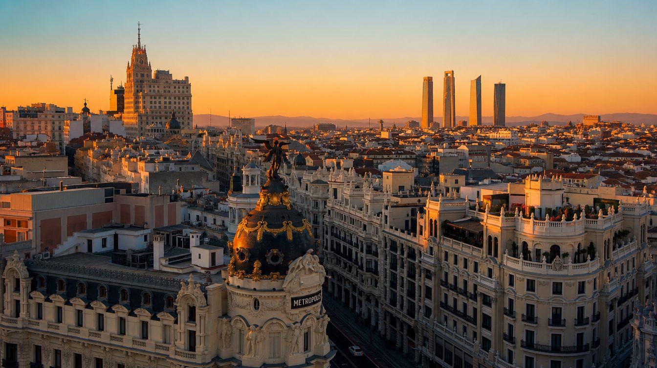 Panorámica de Madrid al atardecer con las Cuatro Torres al fondo