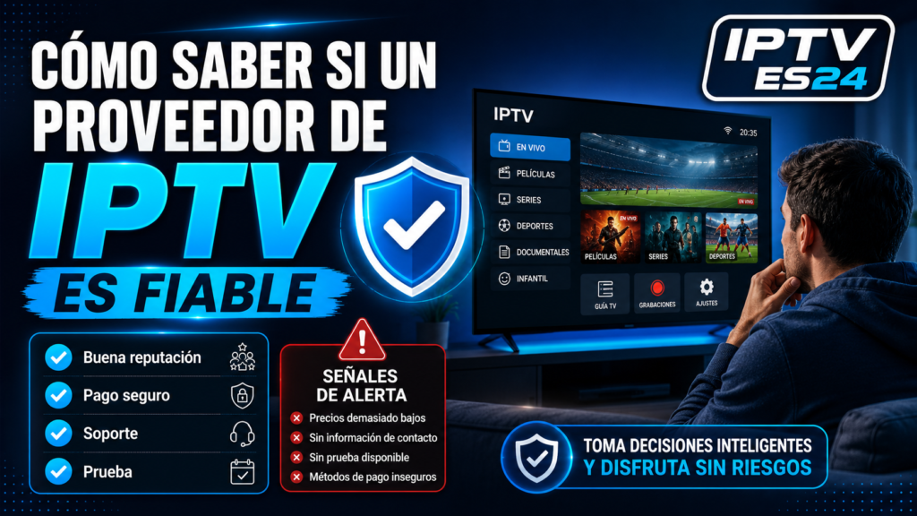 Cómo saber si un proveedor de IPTV es fiable, con señales de confianza, alertas de estafa y el logo de IPTV ES24.
