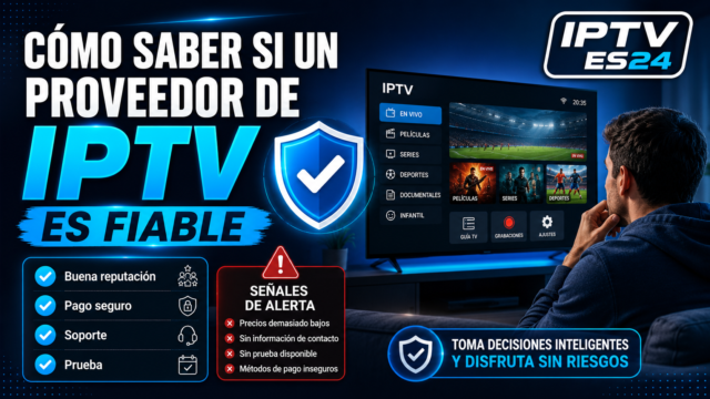 Cómo saber si un proveedor de IPTV es fiable, con señales de confianza, alertas de estafa y el logo de IPTV ES24.