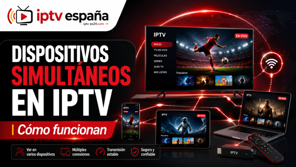 Dispositivos simultáneos en IPTV conectados a una Smart TV, móvil, tablet y ordenador con el logo de IPTV España.