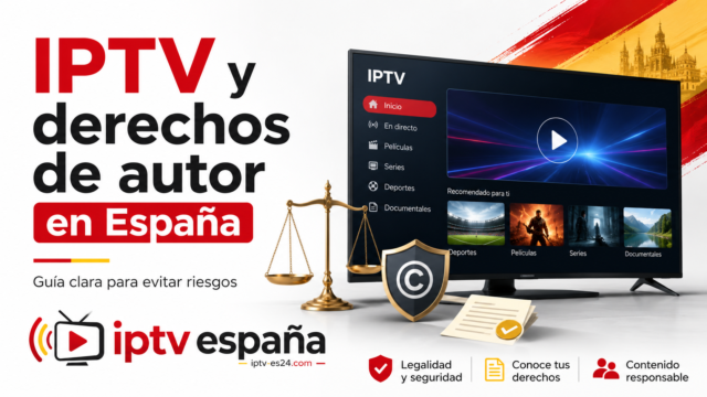 IPTV y derechos de autor en España con televisión, balanza de justicia, símbolo de copyright y logo de IPTV España